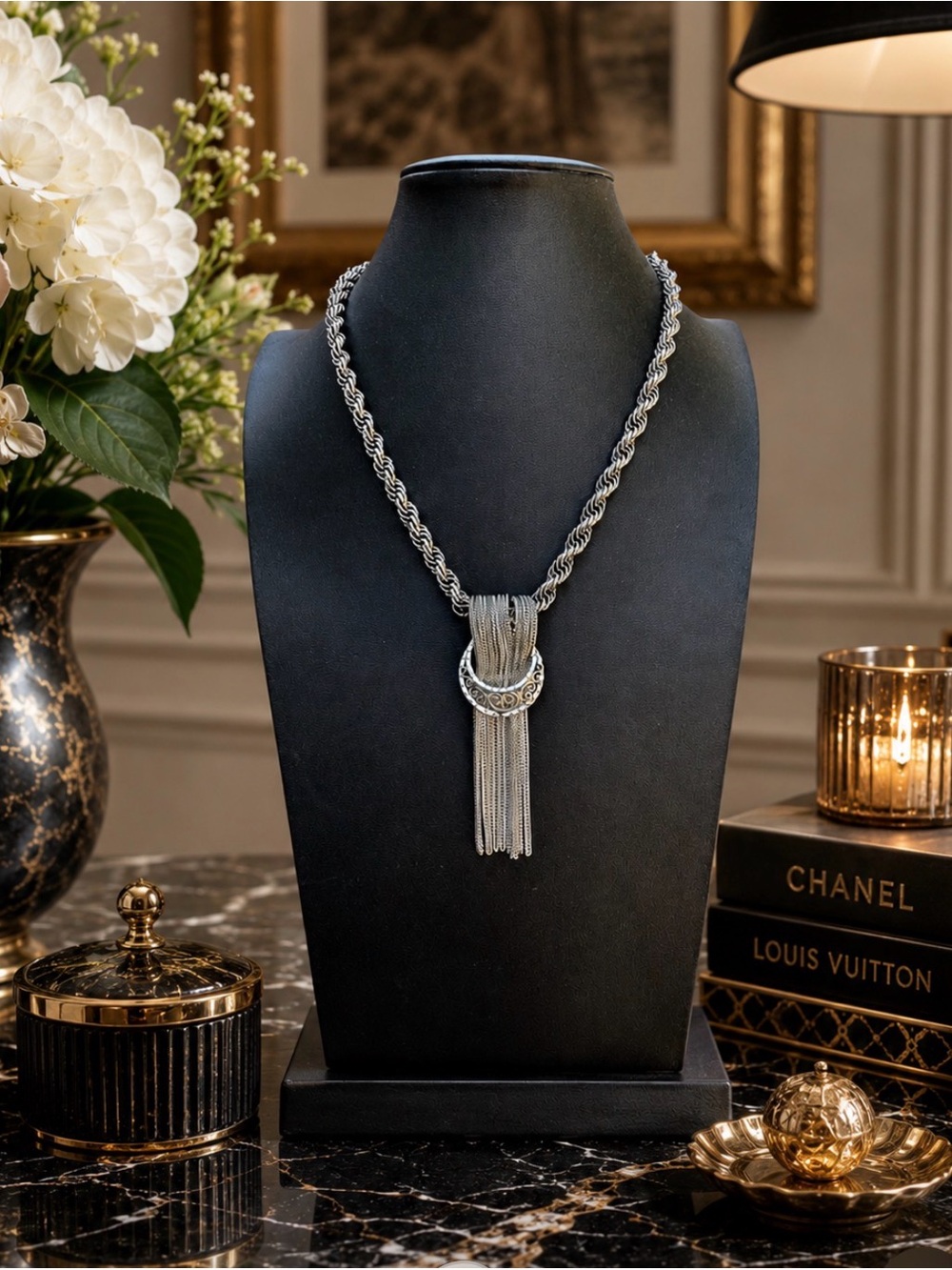 HOBÉ 1960s Vintage Silver-Tone Filagree and Tassel Necklace